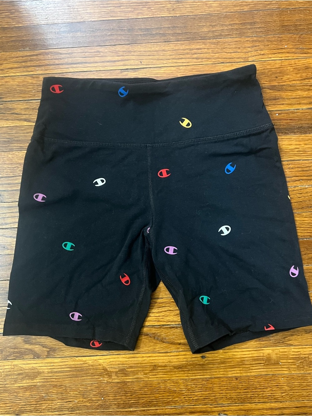 Champion Black Biker Shorts with Multicolor Logo Accents